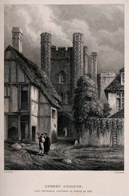 Queens' College, Cambridge the gateway in 1837. Line engraving by J. Le Keux after J.A. Bell.