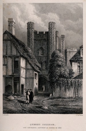 view Queens' College, Cambridge the gateway in 1837. Line engraving by J. Le Keux after J.A. Bell.