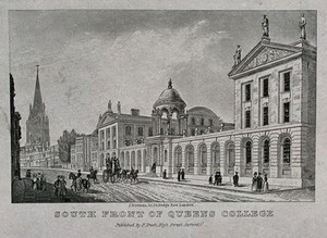 view Queen's College, Oxford: panoramic view with the High Street. Etching by J. Newman.