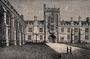 view Queen's College, Oxford: quadrangle. Wood engraving.