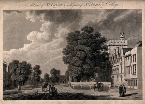 view St. John's College, St. Giles and St. Giles Church, Oxford: panoramic view. Line engraving by M.A. Rooker after himself, 1779.