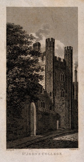 St. John's College, Oxford: gateway. Line engraving by S. Sparrow after Baldrey.