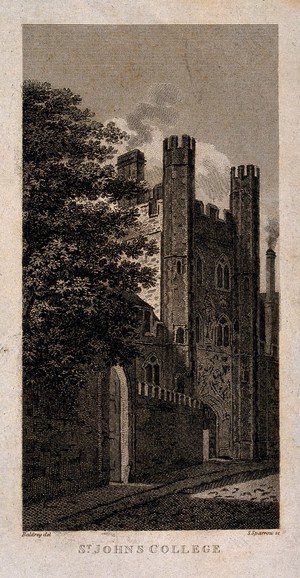 view St. John's College, Oxford: gateway. Line engraving by S. Sparrow after Baldrey.