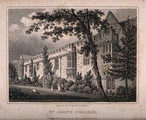 view St. John's College, Oxford. Line engraving by J. & H.S. Storery, 1821.