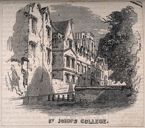 view St. John's College, Oxford: entranceway. Wood engraving.