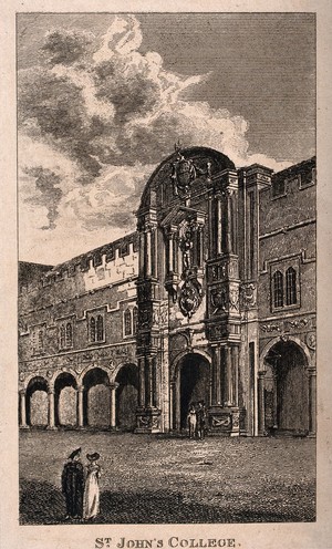 view St. John's College, Oxford: decorative archway. Line engraving.