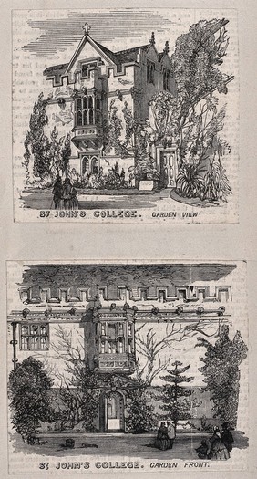 St. John's College, Oxford: from the garden. Wood engraving.