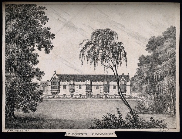 St. John's College, Oxford: panoramic view. Lithograph by N. Whittock.