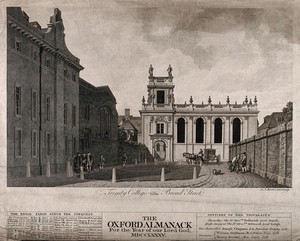 view Trinity College, Oxford: from Broad Street. Line engraving by M.A. Rooker after himself, 1785.