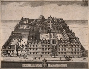 view University College, Oxford: aerial view with key and scale. Line engraving.