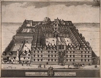 University College, Oxford: aerial view with key and scale. Line engraving.