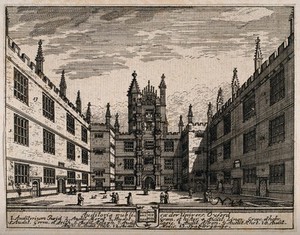 view The Schools Quadrangle and the Tower of the Five Orders, Oxford University. Etching.