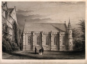 view University College, Oxford: the library. Line engraving by J.H. Le Keux, 1861, after himself.