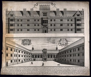 view Wadham College, Oxford: exterior, quadrangle with a key and coat of arms. Line engraving by W. Williams, 1727, after W. Arnold.