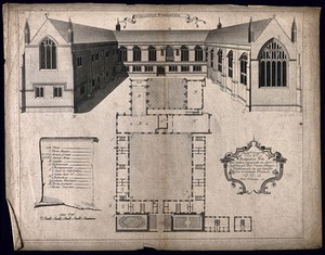 view Wadham College, Oxford: panoramic view with a keyed floor plan. Line engraving by W. Willams.