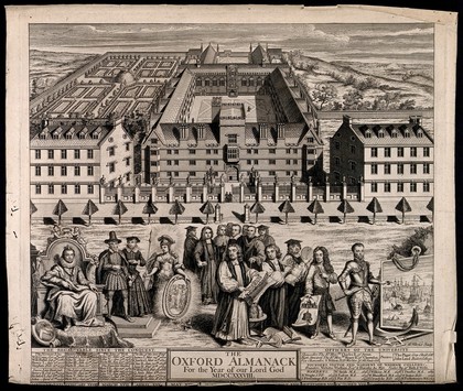 Wadham College, Oxford: aerial panoramic view with historic figures in the foreground. Line engraving by G. Vertue, 1738.