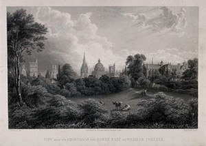 view Wadham College, Oxford: panoramic view of the city from the grounds. Line engraving by W. Radclyffe, 1848, after F. Mackenzie.