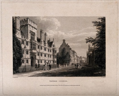 Wadham College, Oxford: panoramic view including Hertford College and the Bodleian Library. Line engraving by J. Le Keux, 1836, after F. Mackenzie.