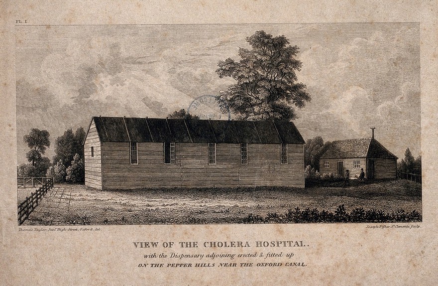 Cholera Hospital, Oxford: near the Oxford Canals. Line engraving by J. Fisher after T. Taylor junior.