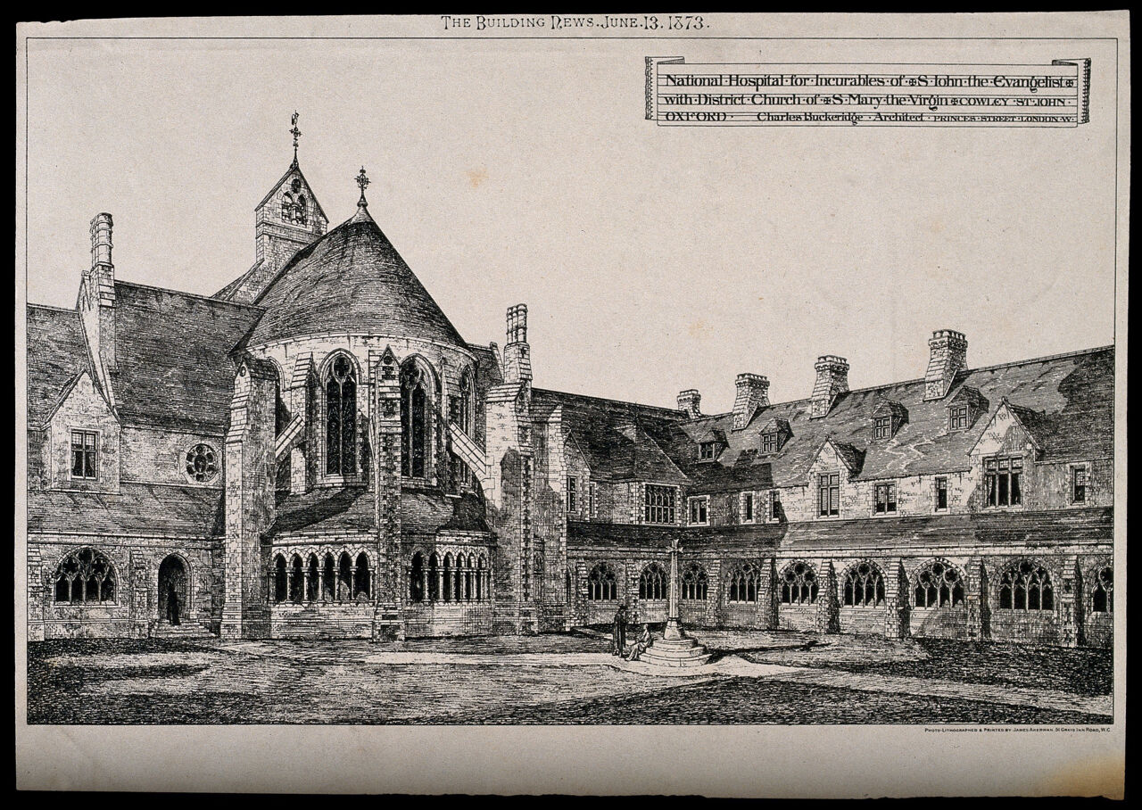 National Hospital for Incurables and St. Mary's Church, Cowley St. John, Oxford. Transfer lithograph by J. Akerman, 1873, after C. Buckeridge., 13 June 1873, by Charles Buckeridge