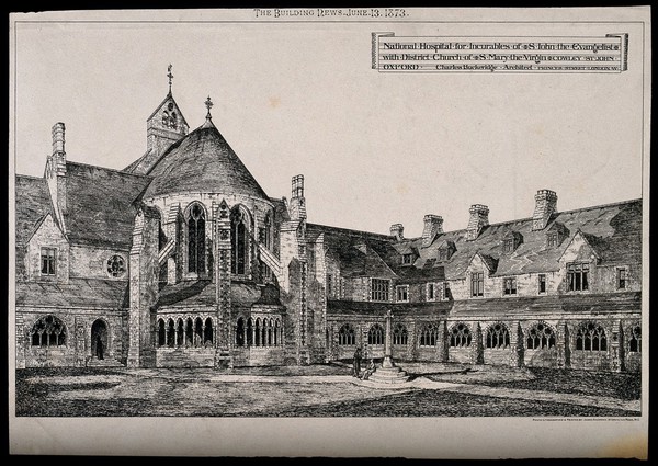 National Hospital for Incurables and St. Mary's Church, Cowley St. John, Oxford. Transfer lithograph by J. Akerman, 1873, after C. Buckeridge.