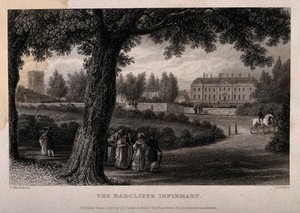 view Radcliffe Infirmary, Oxford: figures strolling along the footpath. Line engraving by J. Le Keux, 1834, after F. Mackenzie.