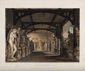 view Ashmolean Museum, Oxford: panoramic view of the statue gallery. Coloured aquatint by C.G. Lewis, 1814, after W. Westall.