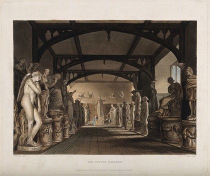 Ashmolean Museum, Oxford: panoramic view of the statue gallery. Coloured aquatint by C.G. Lewis, 1814, after W. Westall.