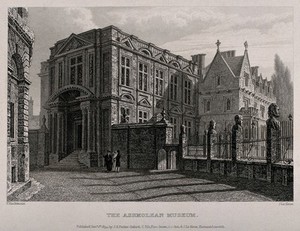 view Ashmolean Museum, Oxford: the Clarendon Building. Line engraving by J. Le Keux, 1834, after F. Mackenzie.