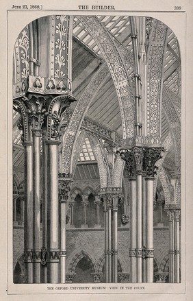 University Museum, Oxford: the interior court showing ornamental details. Wood engraving by Williams, 1860, after Williams and Warry.