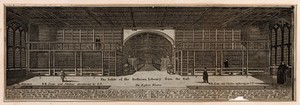 view Bodleian Library, Oxford: interior panoramic view with key. Line engraving.