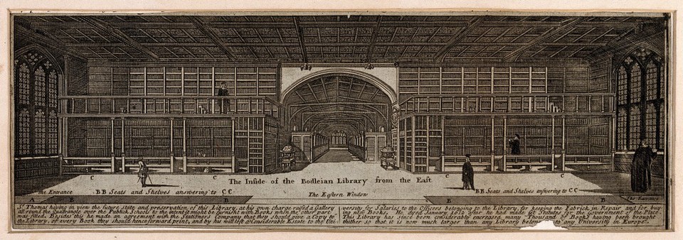 Bodleian Library, Oxford: interior panoramic view with key. Line engraving.