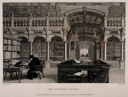 Bodleian Library, Oxford: Duke Humfrey's library with a man studying. Line engraving by J. Le Keux after F. Mackenzie.