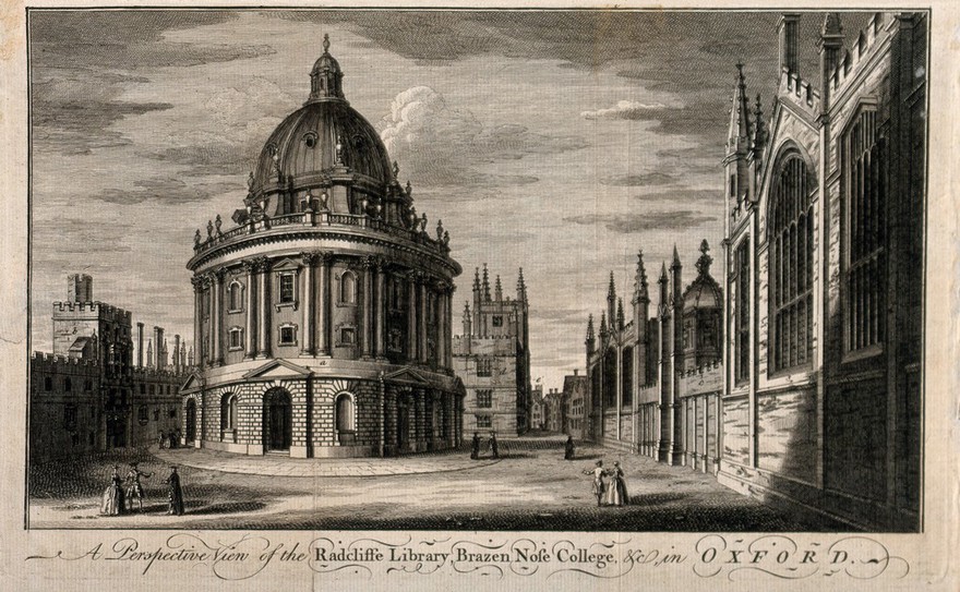 Radcliffe Camera, Oxford: panoramic view with All Souls College, Brasenose College and the Bodleian Library. Line engraving, after J. Gibbs.