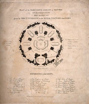 view Radcliffe Camera, Oxford: design plan for the seating arrangements for a banquet given by the University. Line engraving, 1816.