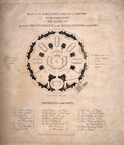 Radcliffe Camera, Oxford: design plan for the seating arrangements for a banquet given by the University. Line engraving, 1816.