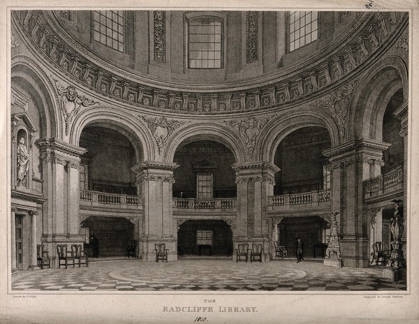 Oxford: the Radcliffe Camera, the interior of the library. Line engraving by J. Skelton after C. Wild.