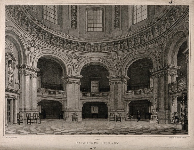 Oxford: the Radcliffe Camera, the interior of the library. Line engraving by J. Skelton after C. Wild., by Charles Wild