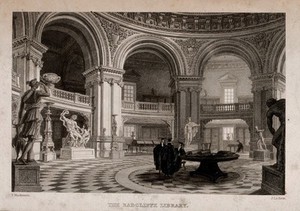 view Radcliffe Library, Oxford: interior showing scholars and classical statues. Line engraving by J. Le Keux after F. Mackenzie.