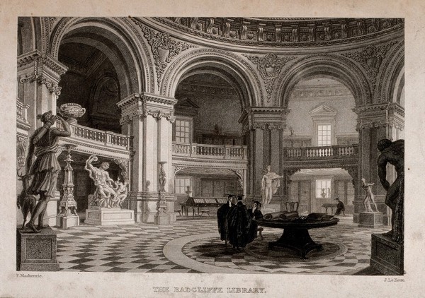 Radcliffe Library, Oxford: interior showing scholars and classical statues. Line engraving by J. Le Keux after F. Mackenzie.