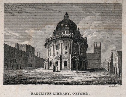 Radcliffe Camera, Oxford: panoramic view of exterior showing Brasenose College and the Bodleian Library. Line engraving by Read.