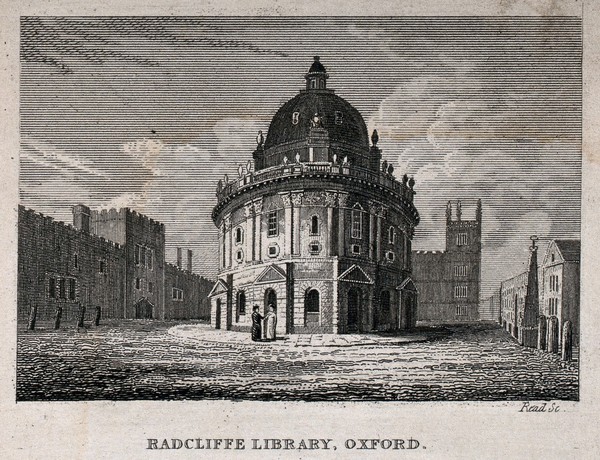 Radcliffe Camera, Oxford: panoramic view of exterior showing Brasenose College and the Bodleian Library. Line engraving by Read.