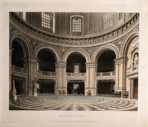 view Radcliffe Camera, Oxford: interior of the library showing study areas. Coloured aquatint by J. Bluck, 1813, after F. Mackenzie.