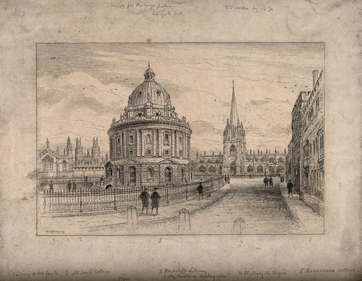 Radcliffe Camera, Oxford: panoramic view showing All Soul's College, St. Mary's Church and Brasenose College. Pencil drawing by W.W. Burgess, 1901.