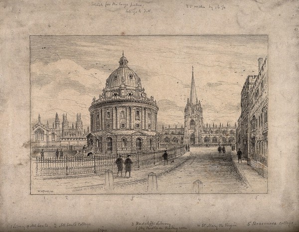 Radcliffe Camera, Oxford: panoramic view showing All Soul's College, St. Mary's Church and Brasenose College. Pencil drawing by W.W. Burgess, 1901.