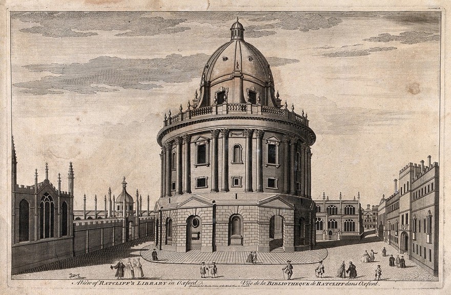 Radcliffe Camera, Oxford: panoramic view with All Soul's College, Brasenose College and the Bodleian Library. Line engraving.