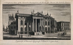 view Clarendon Building, Oxford: panoramic view with the Bodleian Library and Sheldonian Theatre. Line engraving.