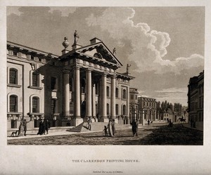 view Clarendon printing house, Oxford: with a glimpse of the Sheldonian Theatre behind. Aquatint by T. Malton.