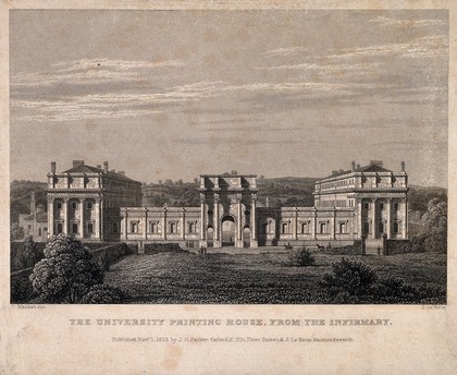 Clarendon Building, Oxford: also showing Broad Street. Line engraving by J. Le Keux, 1833, after F. Mackenzie.