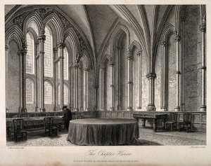 view Chapter House, Oxford: interior. Line engraving by J. Le Keux, 1832, after F. Mackenzie.